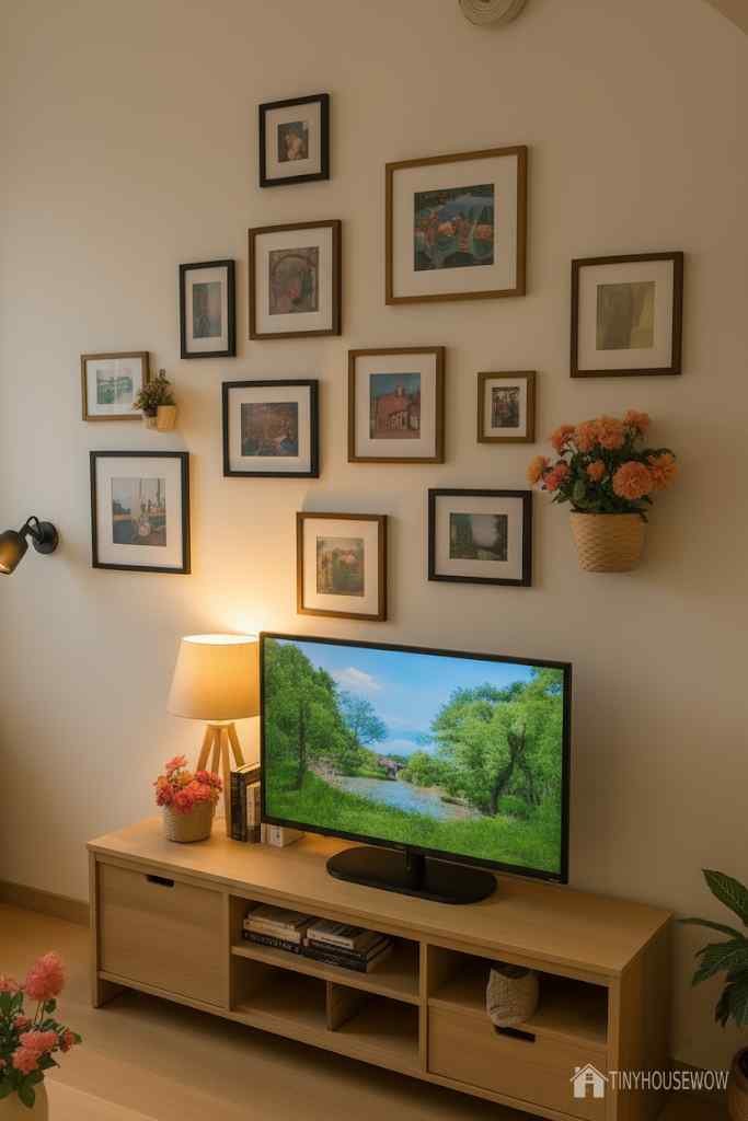 Wall corner with TV and decorative shelves