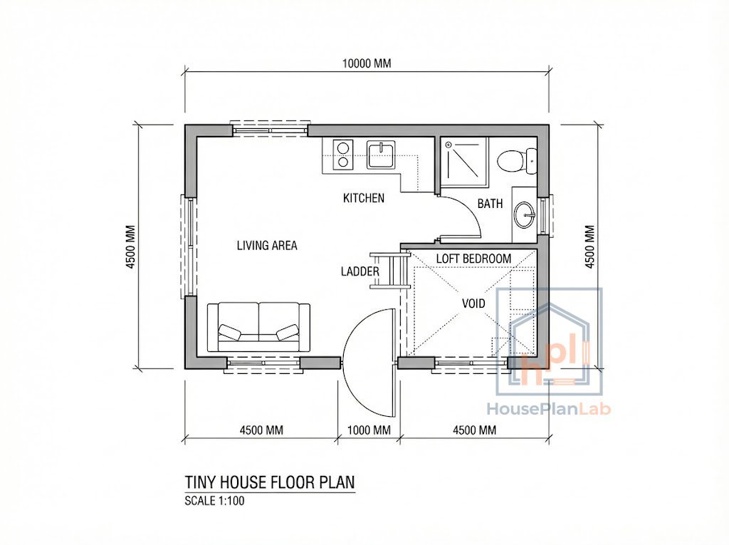 2D architectural blueprint of the tiny house floor plan showing dimensions, room labels, door swings, and window placements.
