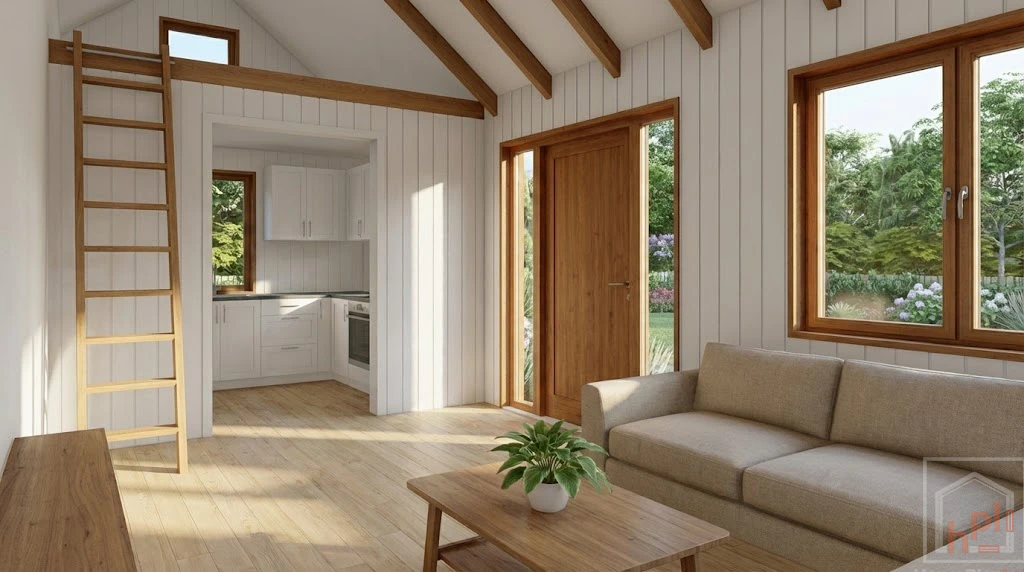 Interior render of the bright living room with a beige sofa, wooden coffee table, large windows, and a ladder leading to the loft.