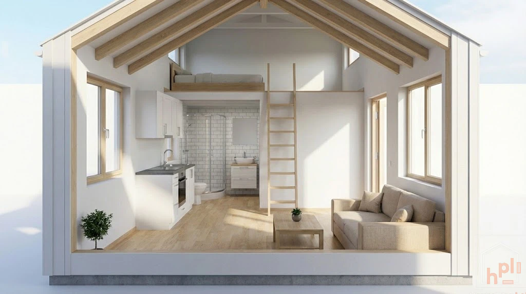 Architectural cutaway 3D render showing the cross-section of the tiny house, revealing the living room, kitchen, bathroom, and loft bedroom.