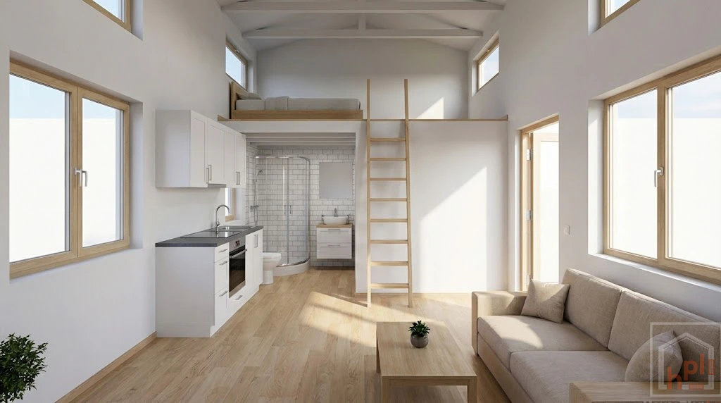 Wide-angle interior view of the tiny house showing the open living area, kitchen, ladder leading to the loft bedroom, and high ceilings.
