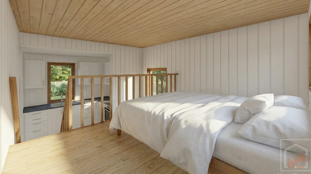 View of the cozy loft bedroom with a large bed, wooden safety railing, and a warm wooden plank ceiling.