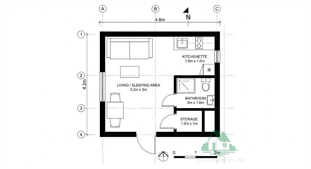 Technical 2D floor plan of the 4.8m x 4.2m micro house showing dimensions for living area, kitchenette, and bathroom.