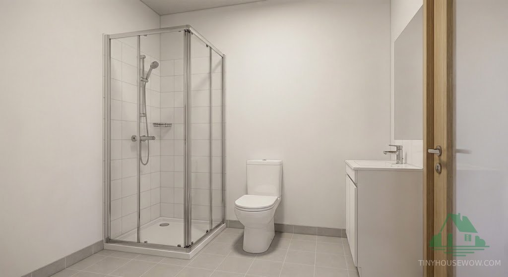 Interior render of the modern bathroom showing a glass corner shower, toilet, and sink vanity.