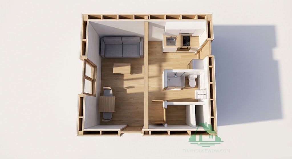 3D architectural cutaway view showing the structure, walls, and interior layout of the micro home.