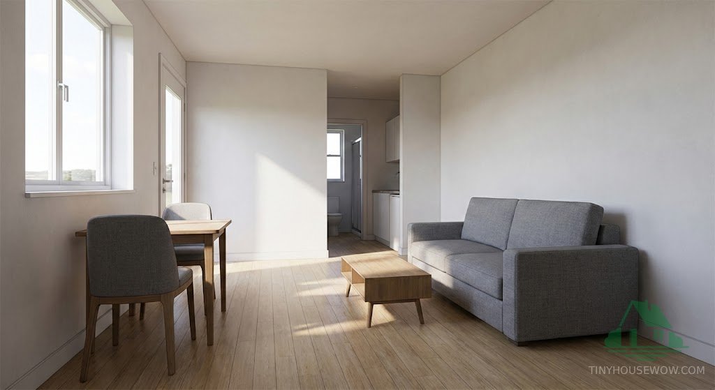 Interior 3D render of the bright living and sleeping area in the micro house, featuring a grey sofa and wooden dining set.