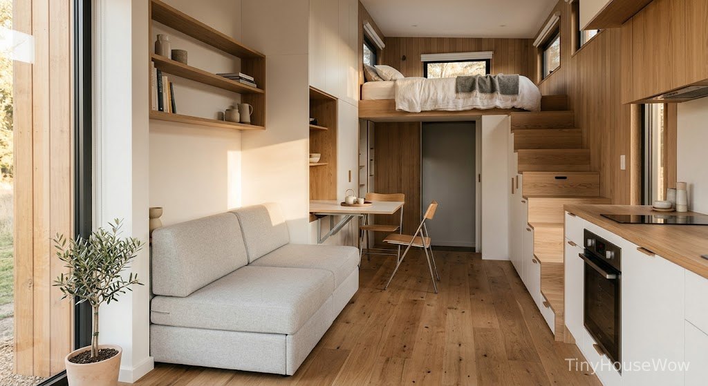 Beautiful modern tiny house interior with multifunctional furniture, loft bedroom, hidden storage, minimalist style, warm natural lighting