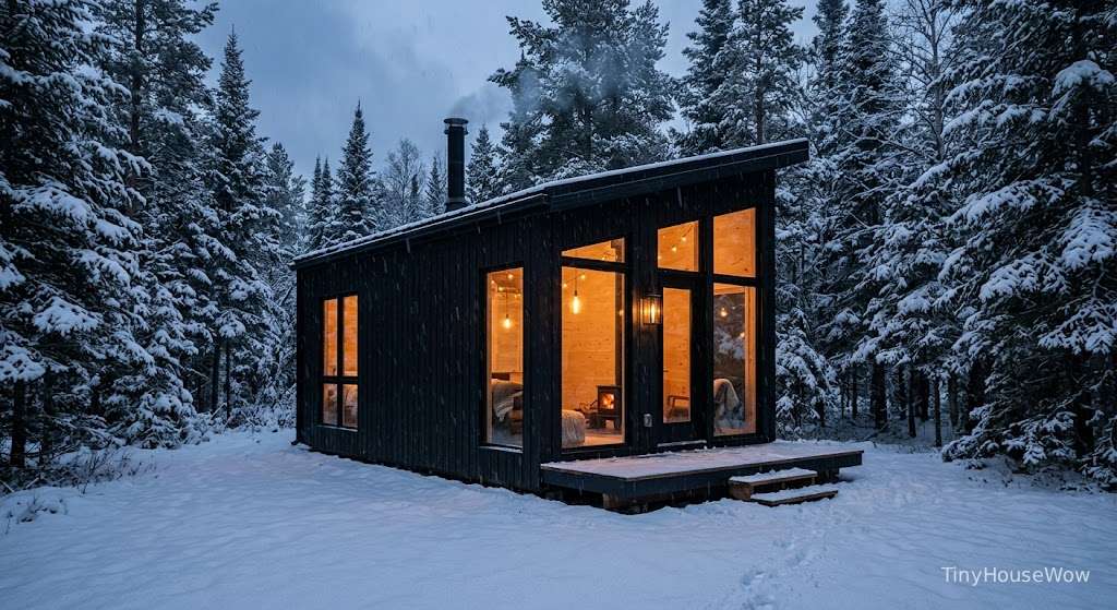 Black modern off-grid tiny cabin in snowy forest