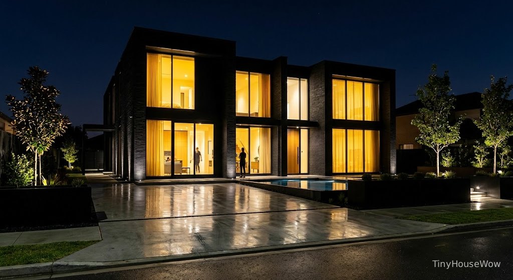 Elegant black duplex house exterior at night