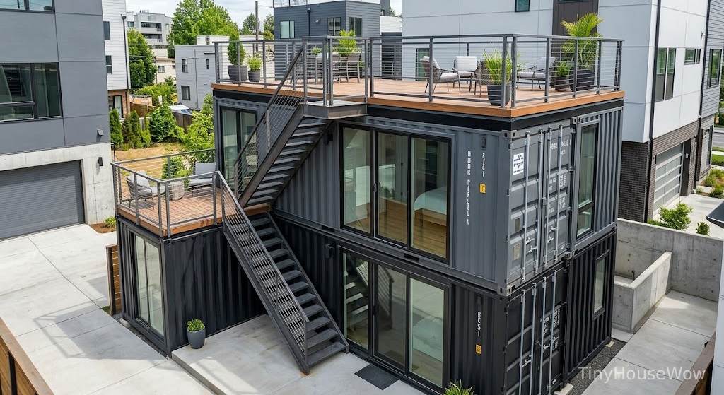 Industrial container tiny home with rooftop deck