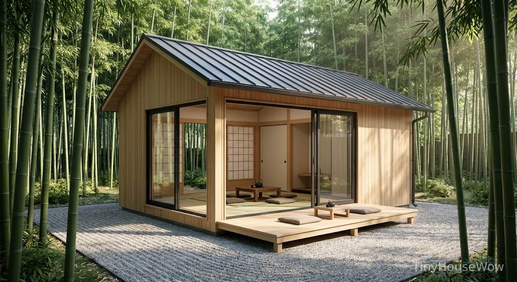 Japanese zen prefab tiny house near bamboo garden