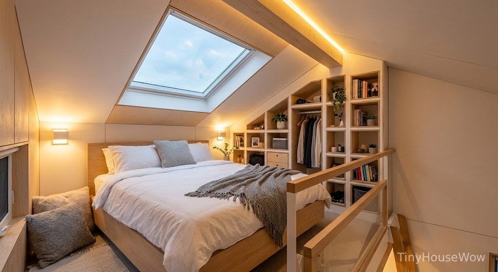 Loft bedroom inside prefab tiny house with skylight window, cozy modern design, vertical storage solutions, warm ambient lighting