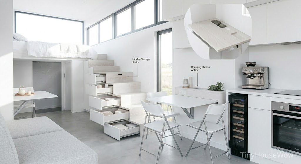 Bright prefab tiny house interior with large windows, white modern decor, natural sunlight, airy open space feeling