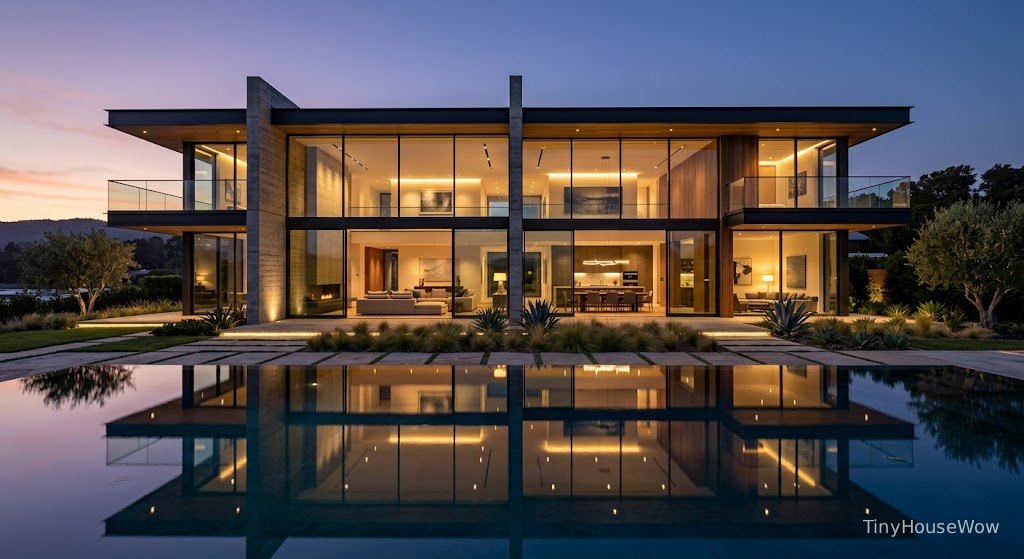 Luxury duplex house with massive glass facade, modern architecture