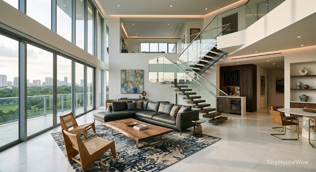 Luxury duplex interior with modern staircase, open living room, premium furniture, natural lighting, contemporary style