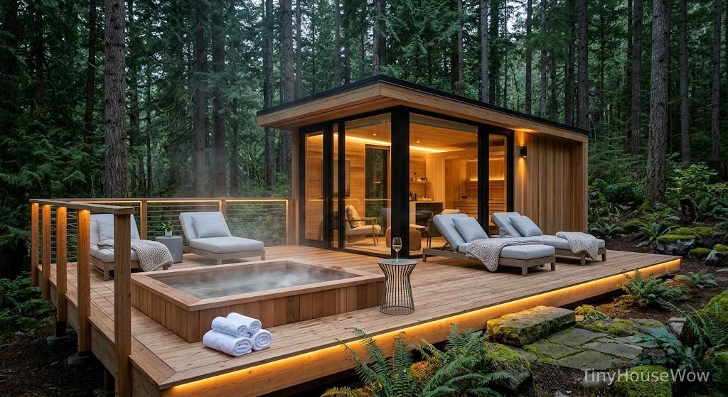 Luxury eco prefab cabin in deep forest, wooden deck, hot tub, soft lighting, high-end resort aesthetic
