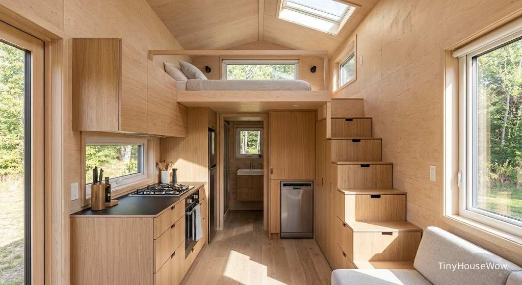 Luxury interior of a prefab tiny house, wooden textures, hidden storage, loft bedroom, modern kitchen, minimalist Scandinavian style