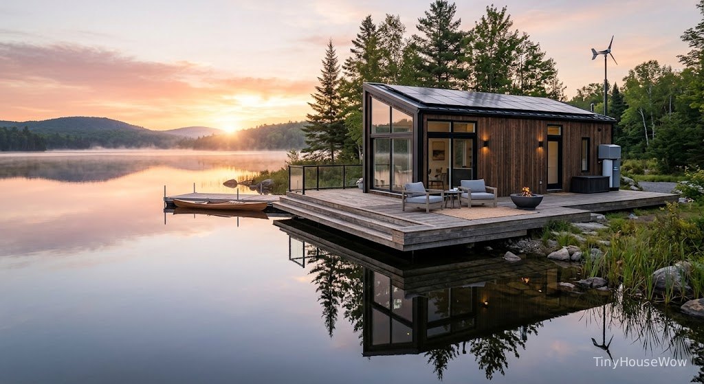Luxury lakeside off-grid tiny home with wooden deck