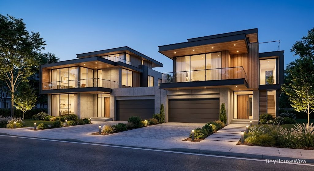 Luxury modern duplex houses side by side, contemporary architecture