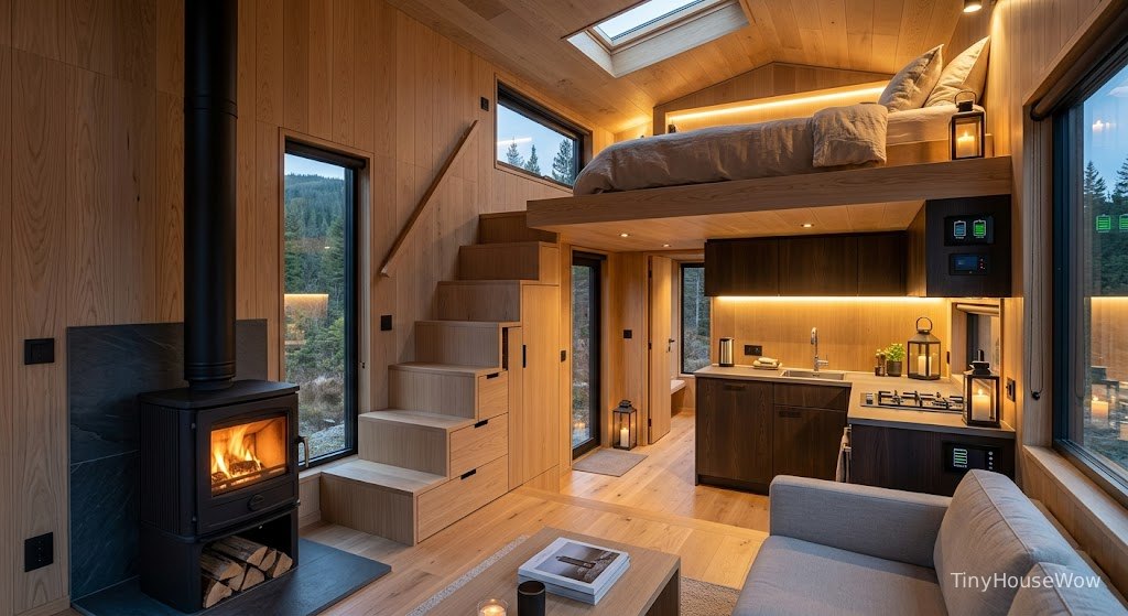 Luxury off-grid tiny house interior with wood stove, loft bedroom, natural wood textures, cozy warm lighting, modern minimalist design