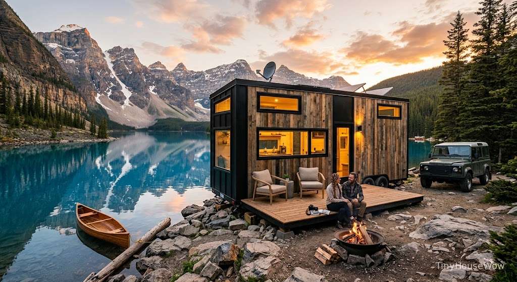 Luxury off-grid tiny house on wheels parked beside mountain lake