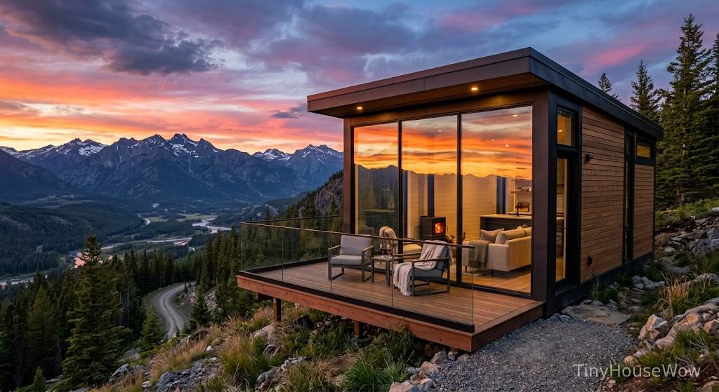 Luxury prefab tiny home with massive glass walls overlooking mountains
