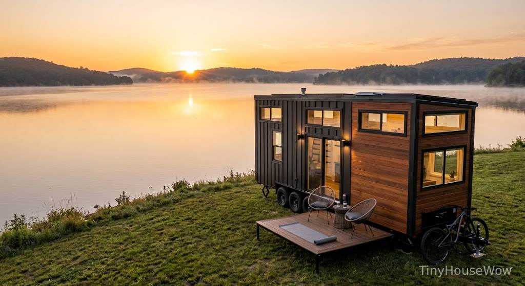 Luxury tiny house on wheels parked beside a lake, camper lifestyle, modern compact design