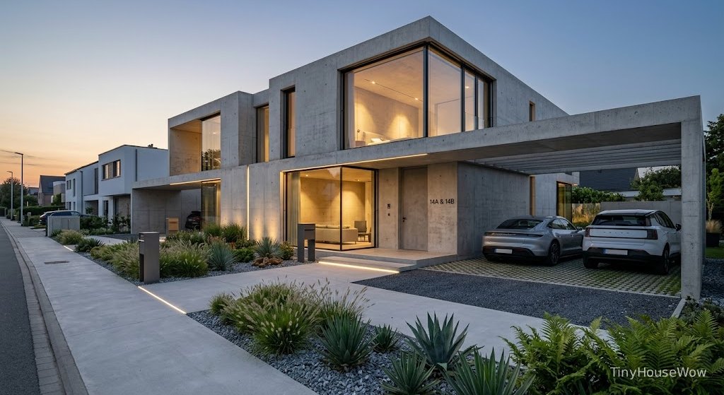Minimalist concrete duplex house, brutalist architecture