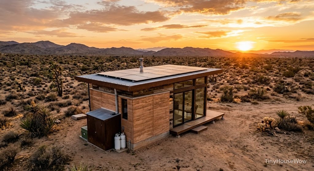 Minimalist off-grid tiny house in desert landscape, sustainable architecture