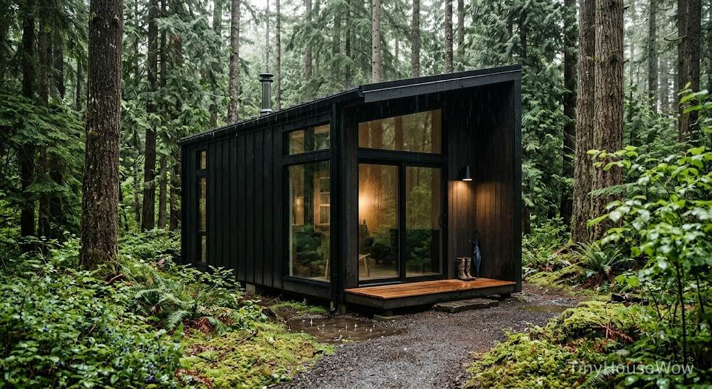 Modern black prefab tiny house surrounded by forest