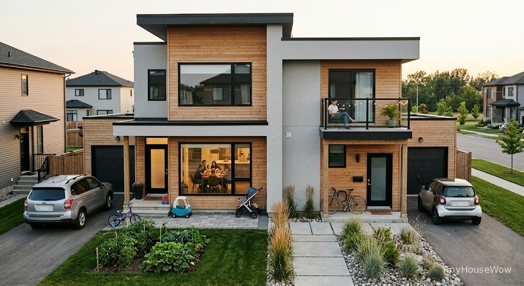 Modern duplex property with one side occupied by family and another rental unit
