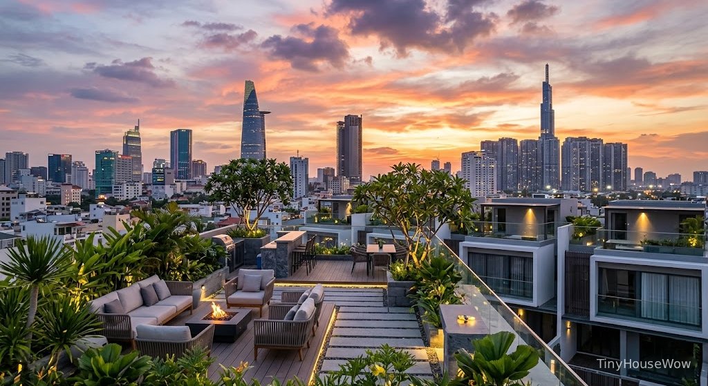 Modern duplex rooftop garden with lounge area, city skyline view, luxury outdoor living space