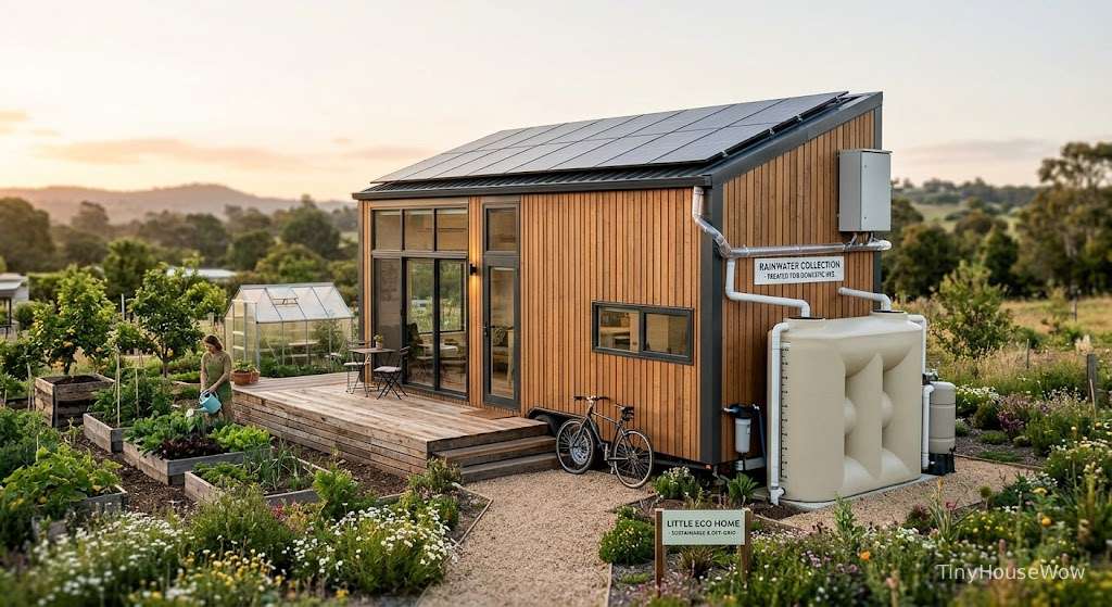 Modern eco tiny house with solar panels and rainwater collection system