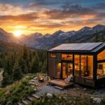 Modern off-grid tiny home in the middle of nature, surrounded by mountains and pine forest, rooftop solar panels, cozy warm lights inside