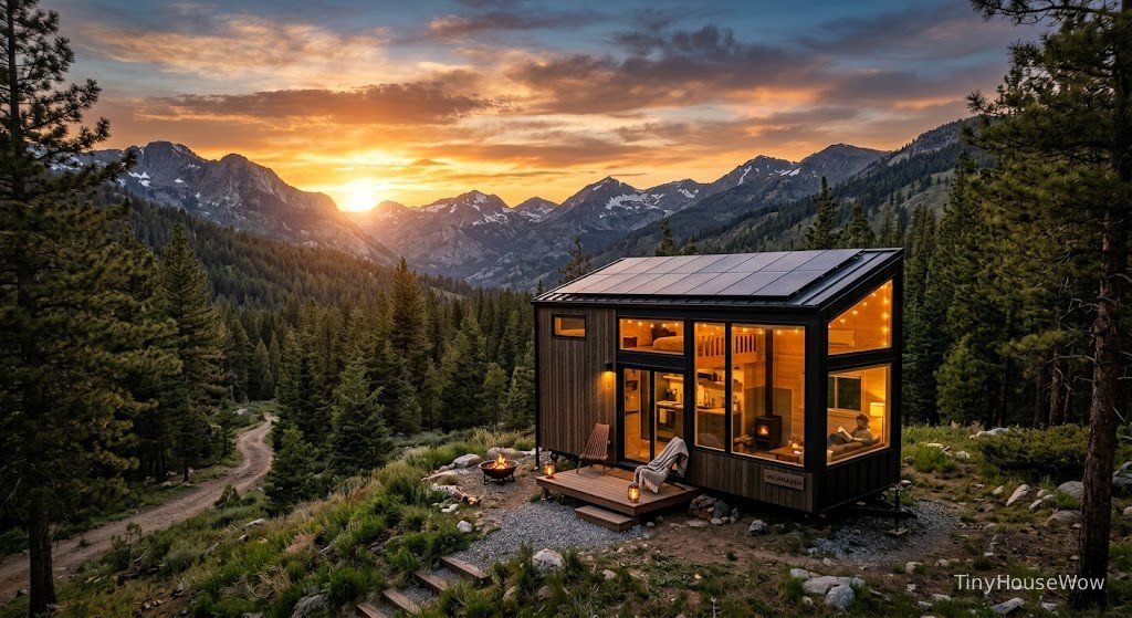 Modern off-grid tiny home in the middle of nature, surrounded by mountains and pine forest, rooftop solar panels, cozy warm lights inside