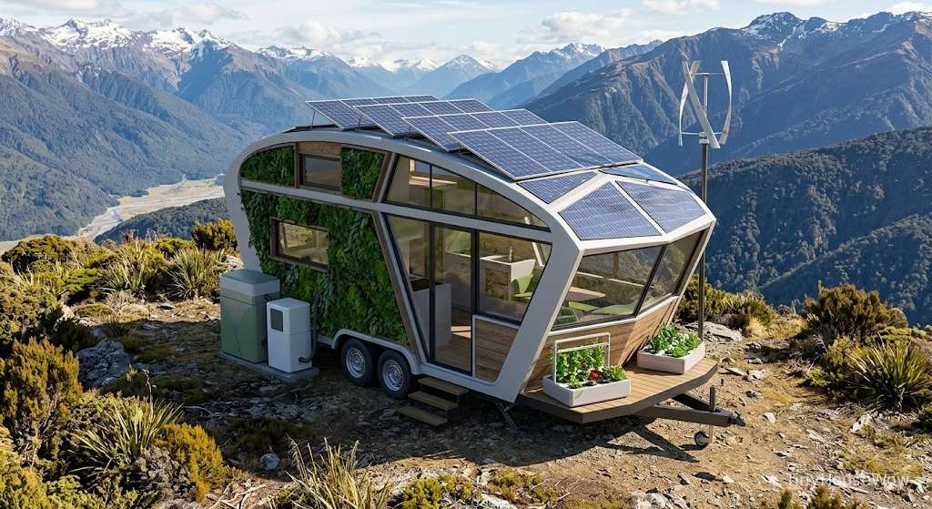 Modern off-grid tiny house with rooftop solar system, sustainable living concept