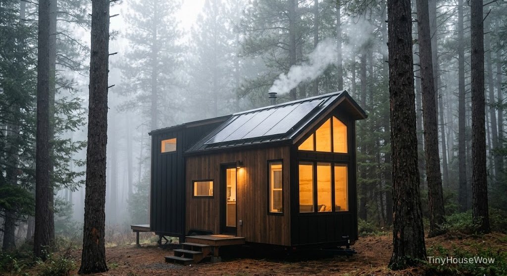 Modern solar-powered tiny cabin deep in pine forest