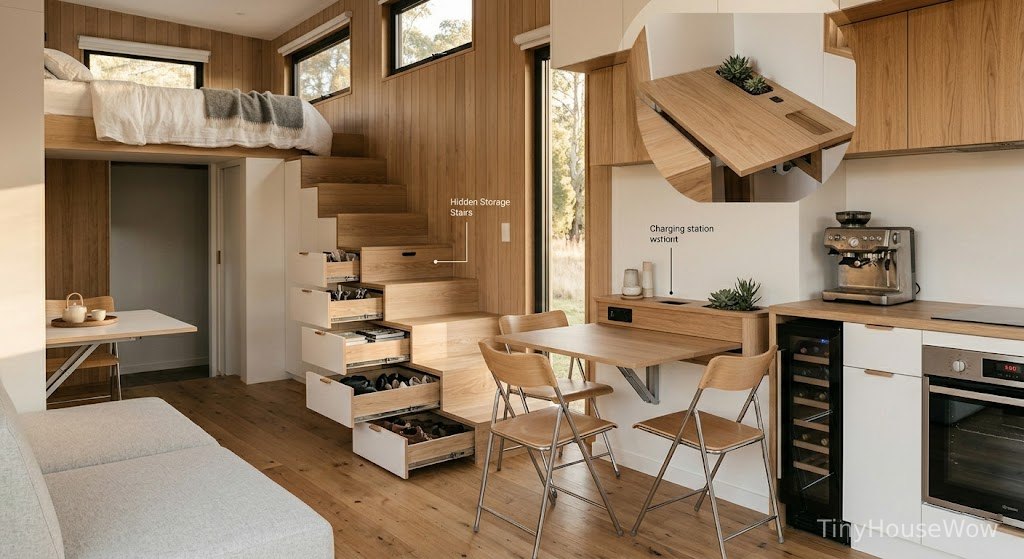Multifunctional furniture inside a modern tiny house, foldable table, hidden storage stairs, compact luxury interior