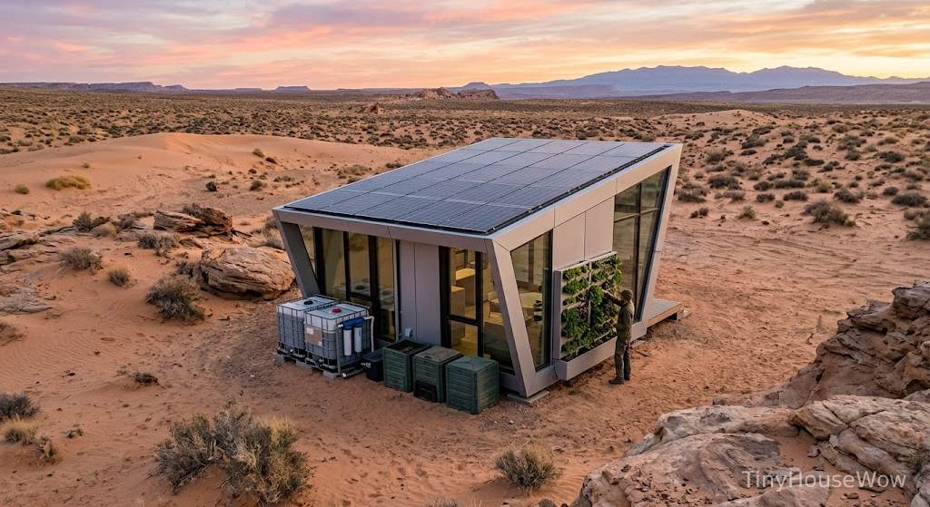 Off-grid prefab tiny house in desert landscape