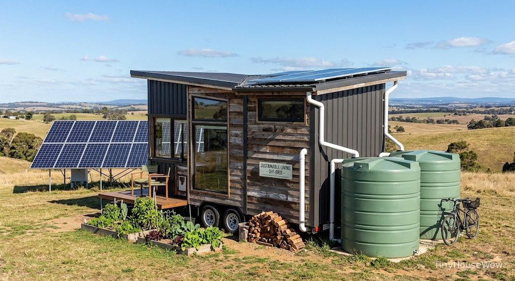 Off-grid tiny house with large solar panel array, rainwater collection system, sustainable eco-friendly design