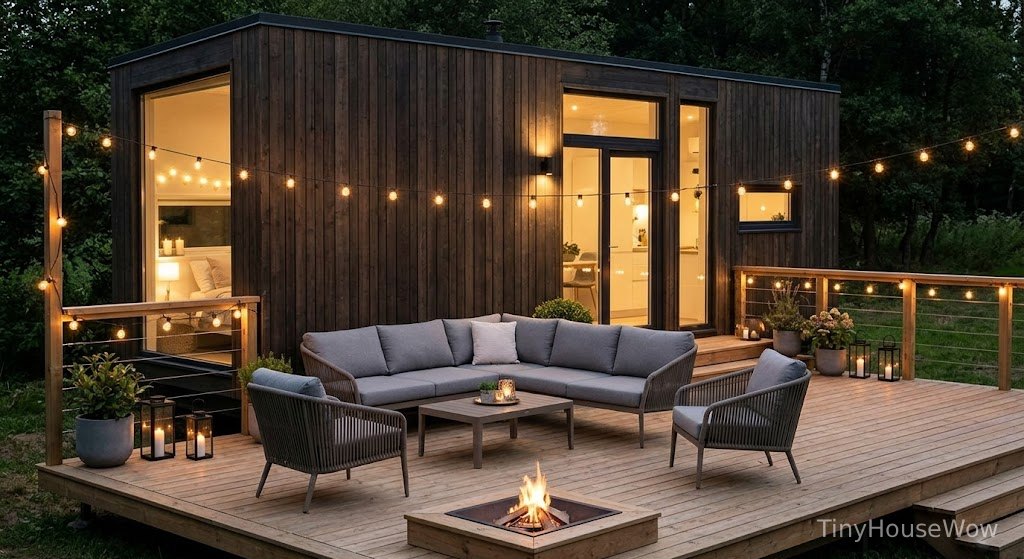 Prefab tiny house with outdoor wooden deck, modern patio furniture, evening lights, cozy outdoor living atmosphere
