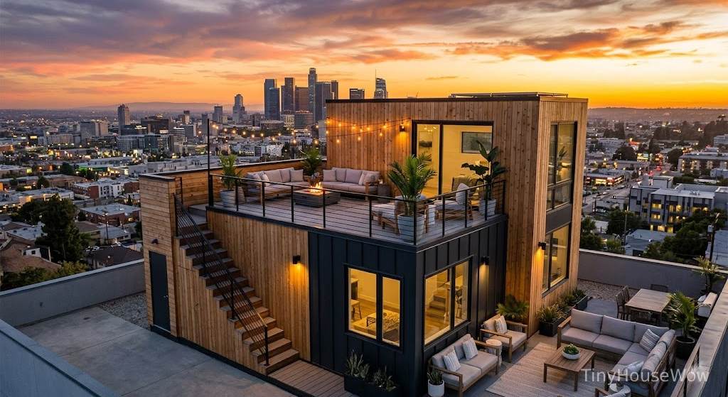 Prefab tiny house with rooftop terrace and outdoor lounge, sunset city view, modern compact architecture