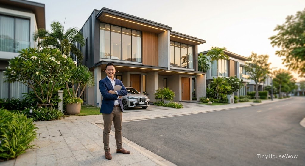 Real estate investor standing in front of modern duplex property