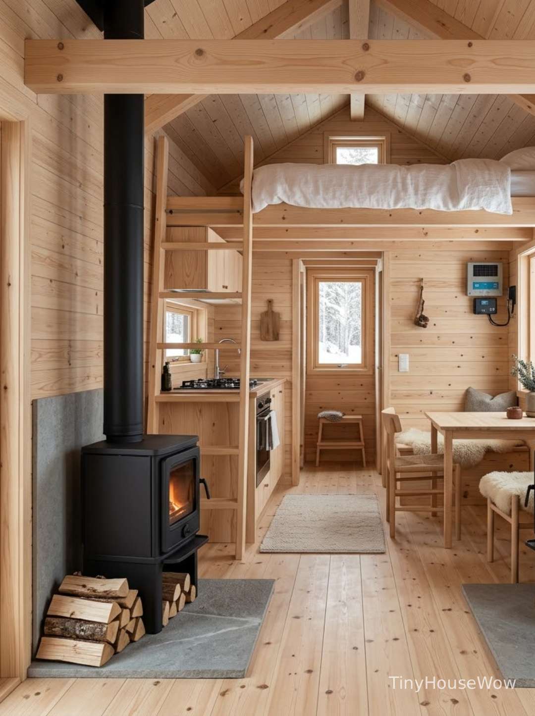 Scandinavian off-grid tiny cabin interior, natural wood design, cozy fireplace, minimalist Nordic decor