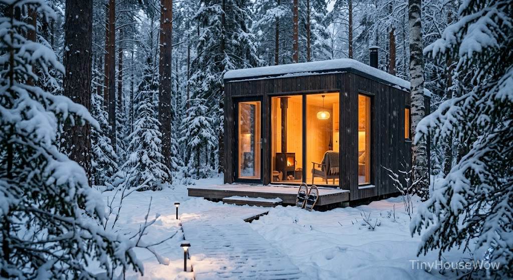 Scandinavian prefab tiny cabin in snowy forest
