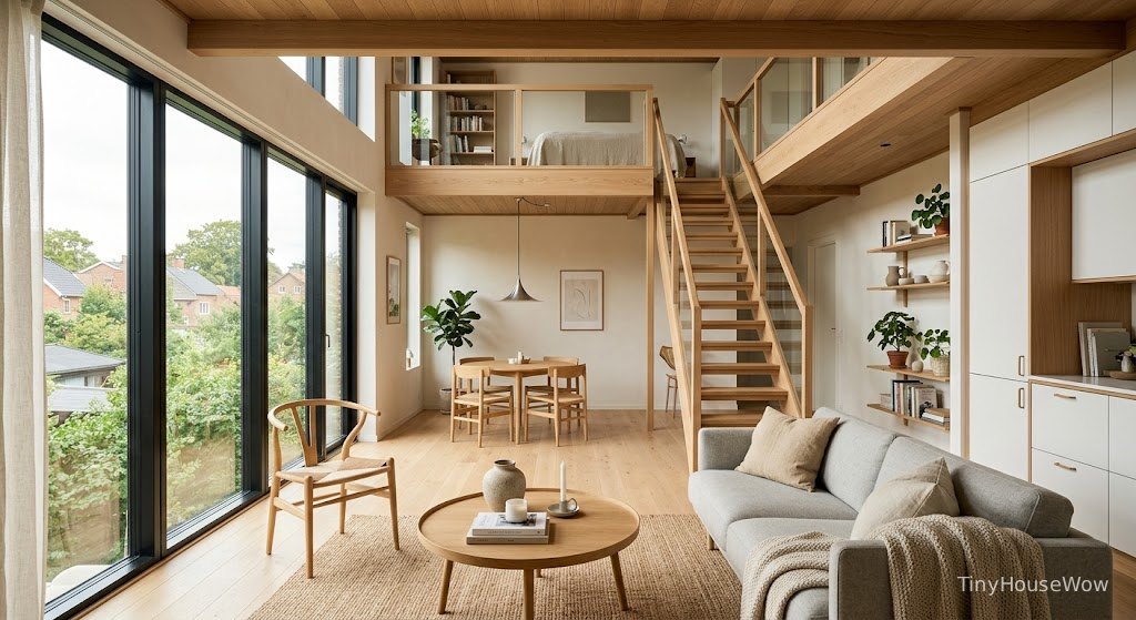 Scandinavian style duplex interior, cozy wooden textures