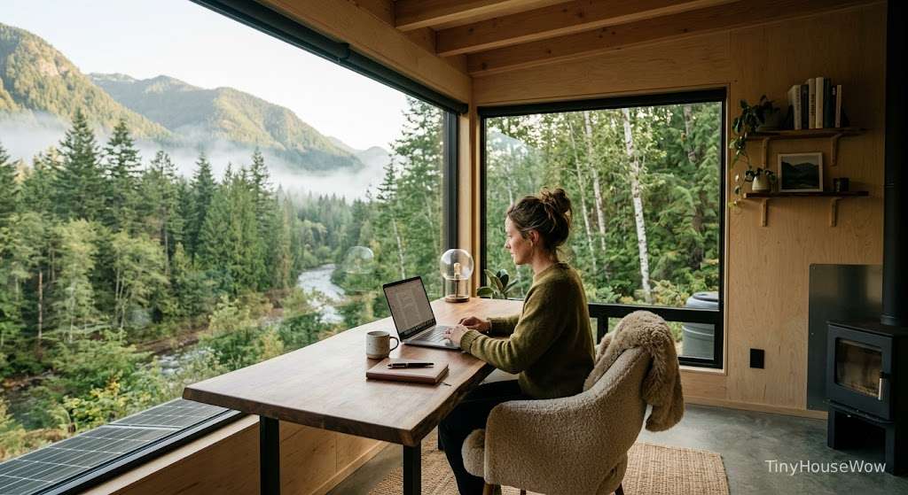 luxury off-grid tiny cabin, modern cozy interior, large panoramic windows overlooking nature