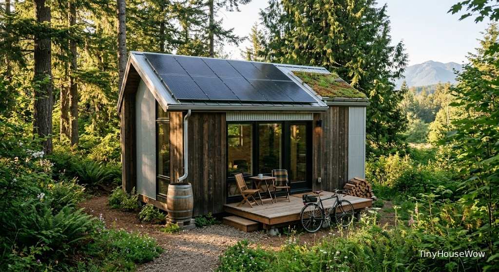A sustainable prefab tiny house with rooftop solar panels